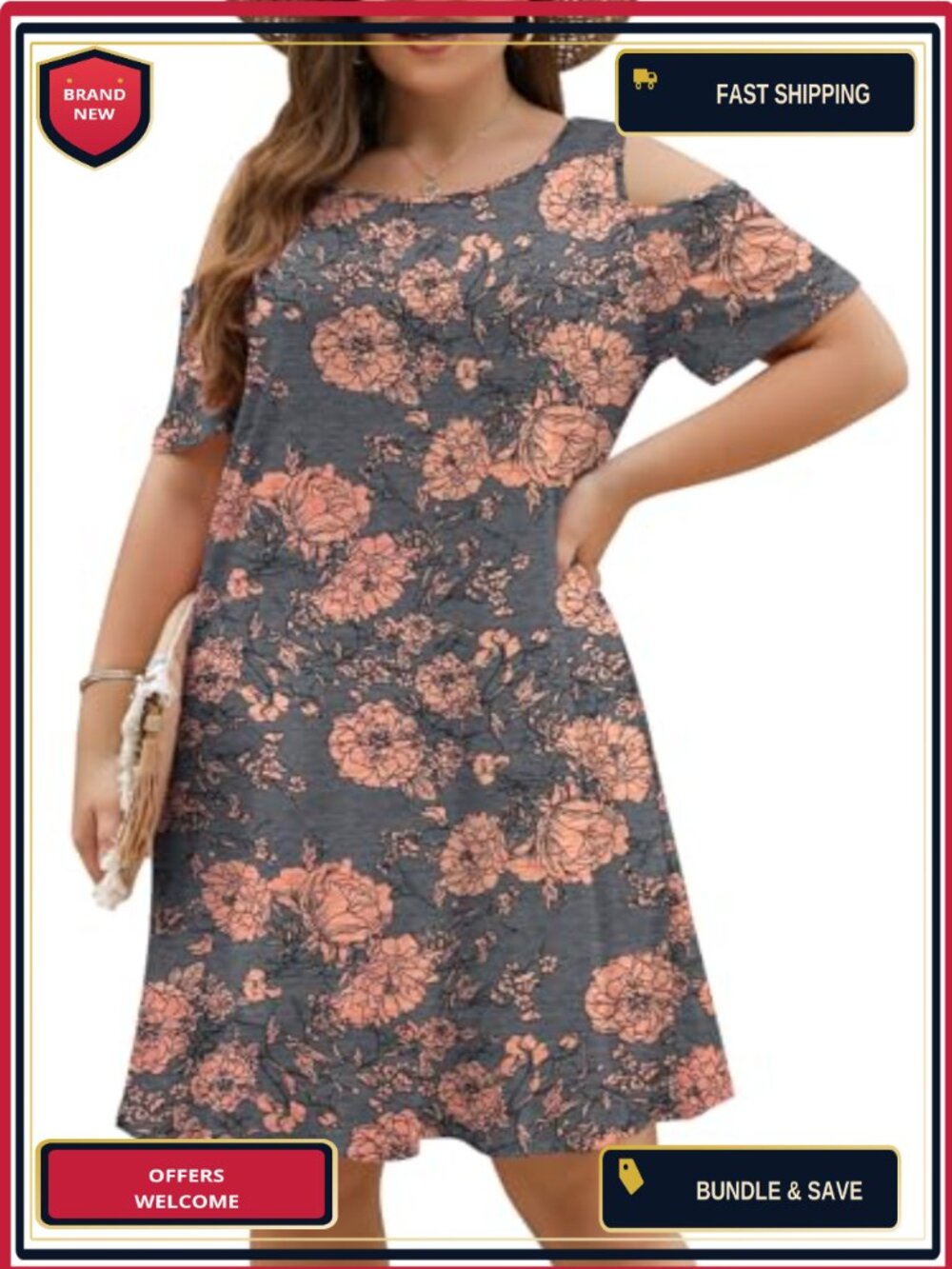 Plus Size Cold Shoulder Mini Swing Dress with Pockets Short Sleeve Loose Casual